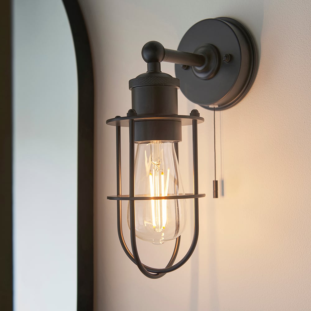 Adel Industrial Designer Caged Bathroom Wall Light In Black