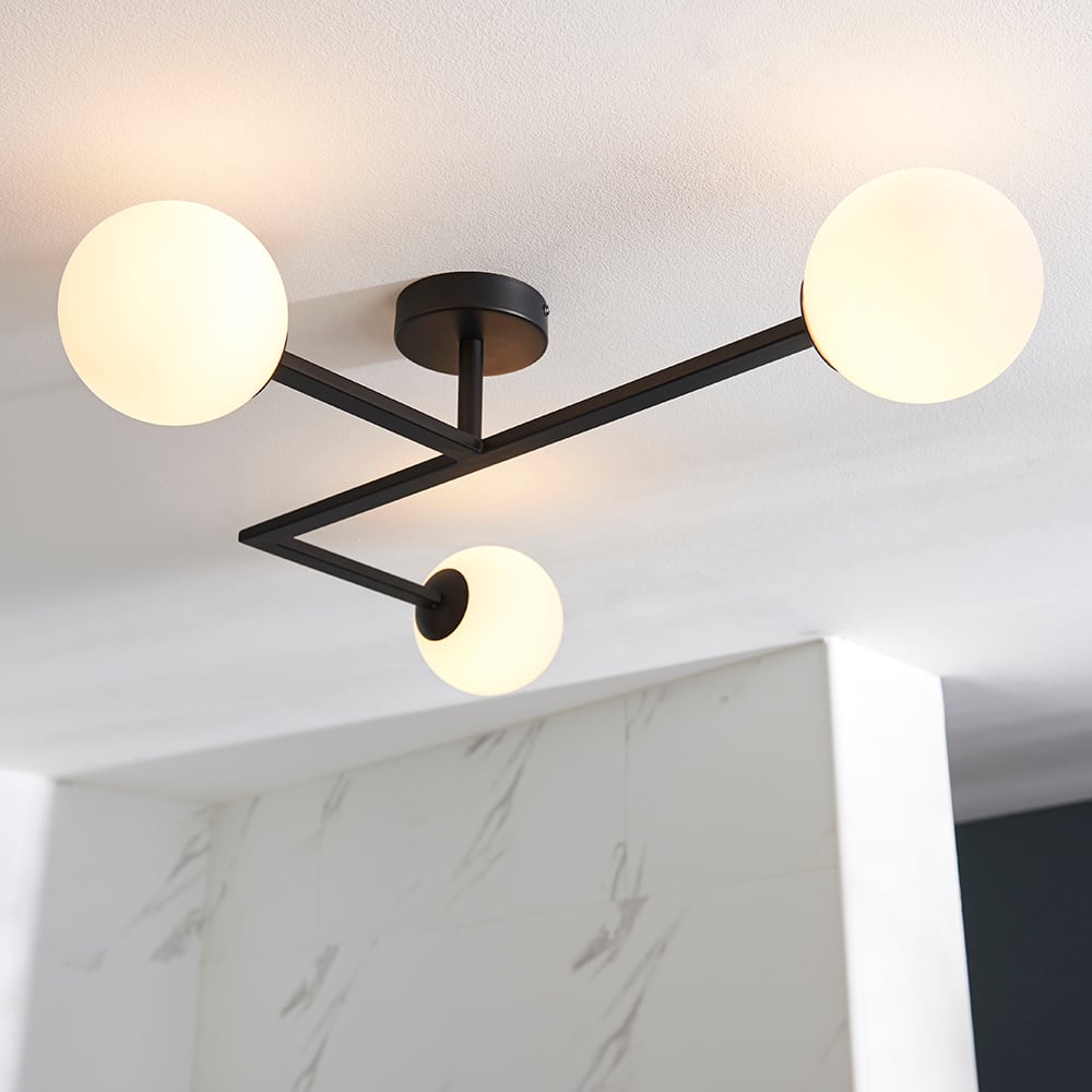 Adel Matt Opal Glass Shade Bathroom Semi Flush Light In Black