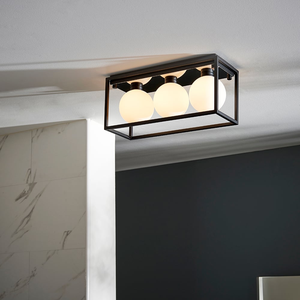 Adel Matt Opal Glass Shade Linear Bathroom Flush Light In Black