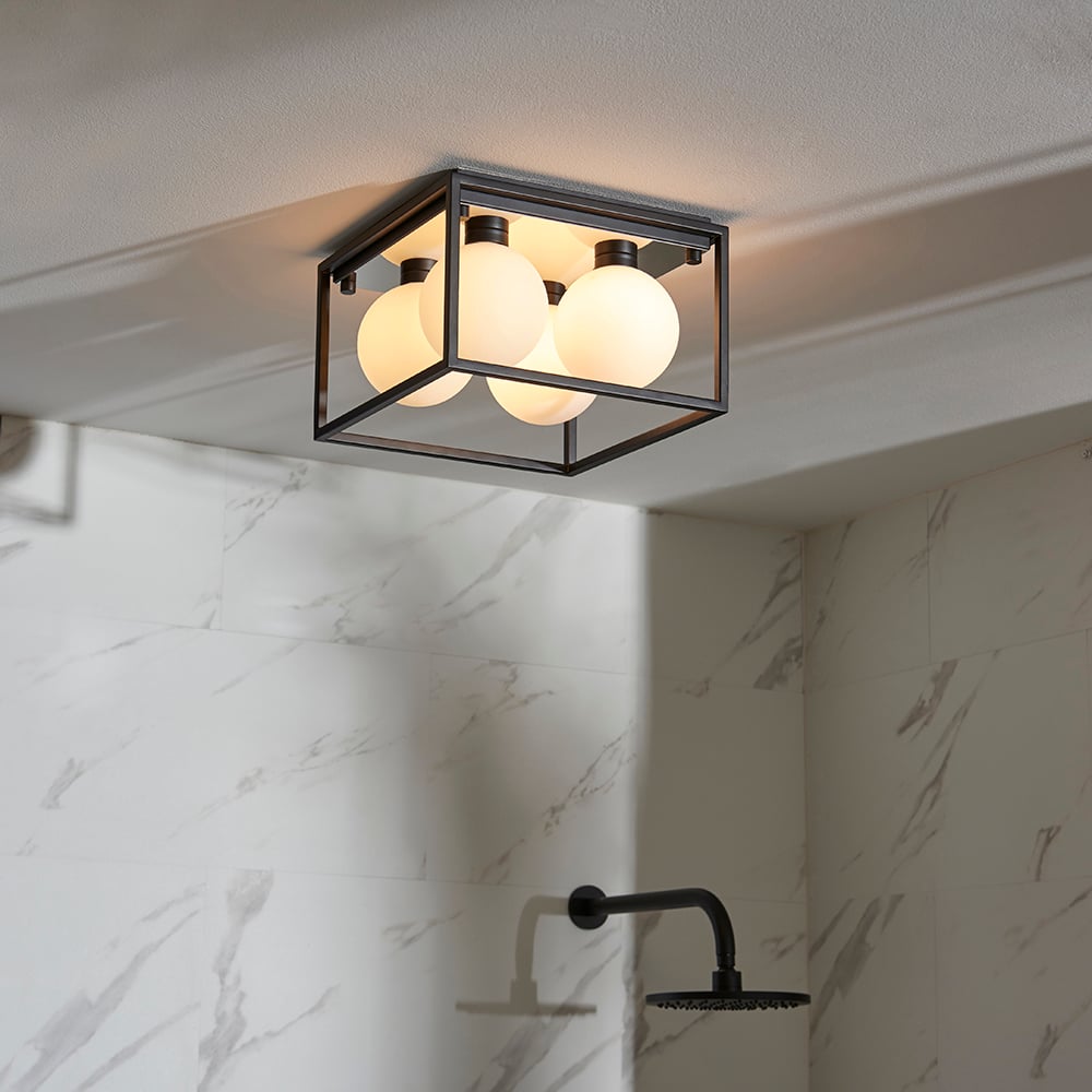 Adel Matt Opal Glass Shade Square Bathroom Flush Light In Black