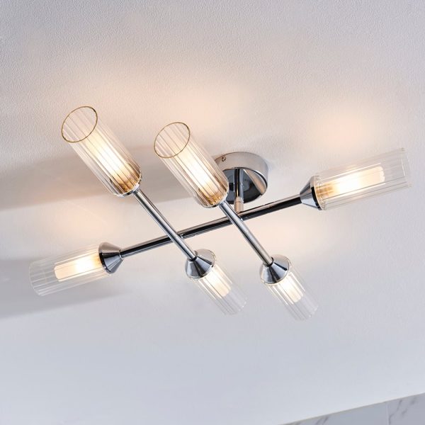 Adel Ribbed Glass 6 Light Bathroom Semi Flush Light in Chrome | Bed Sava