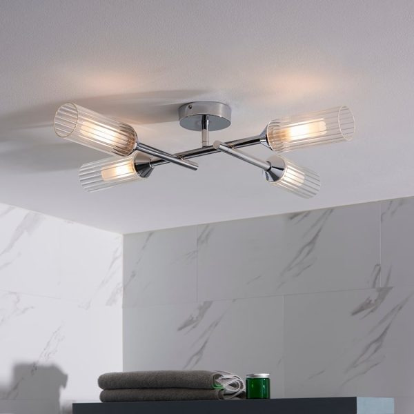 Adel Ribbed Glass 4 Light Bathroom Semi Flush Light in Chrome | Bed Sava