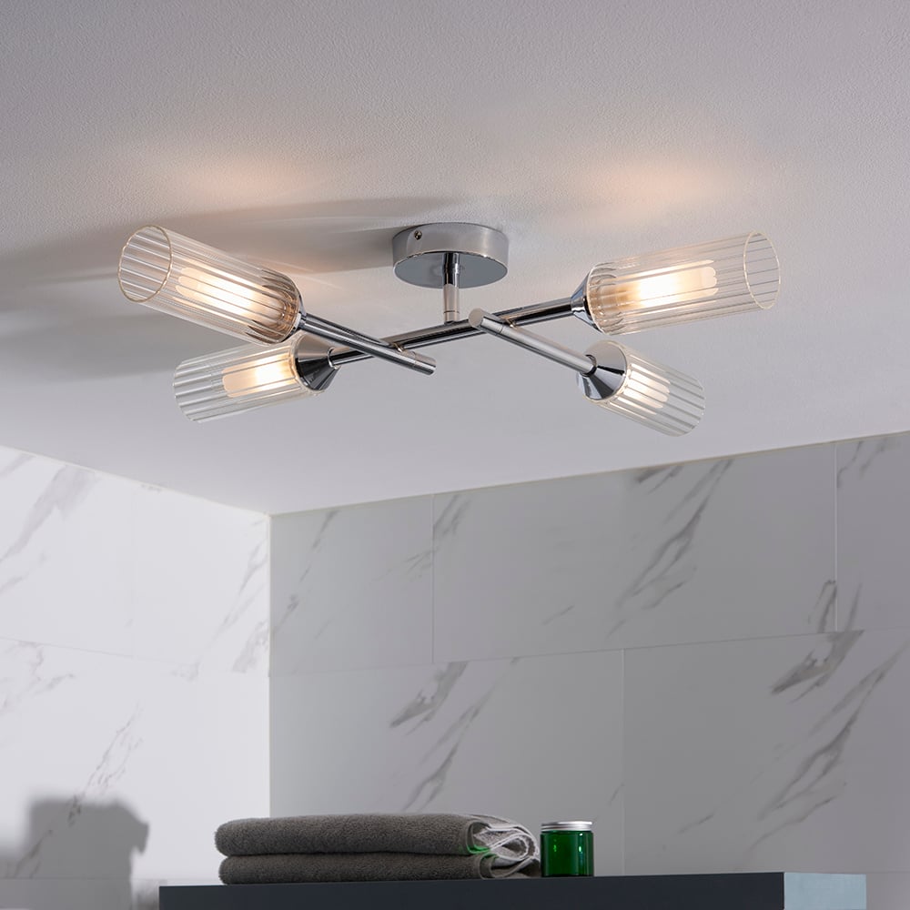 Adel Ribbed Glass 4 Light Bathroom Semi Flush Light in Chrome