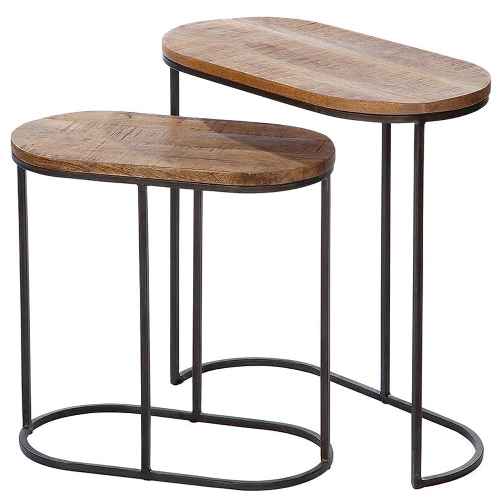 Adel Wooden Oval Set Of 2 Side Tables With Black Frame In Natural