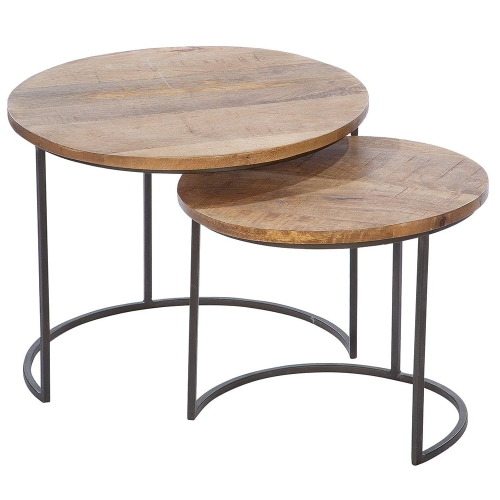 Adel Wooden Round Set Of 2 Side Tables With Black Frame In Natural