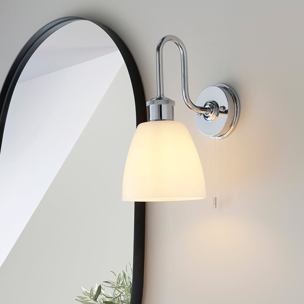 Afton Gloss Opal Glass Shade Bathroom Wall Light In Chrome