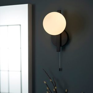 Afton Matt Opal Glass Shade Bathroom Wall Light In Black | Bed Sava