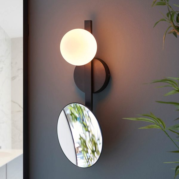 Afton Opal Glass Shade Bathroom Wall Light With Mirror In Black | Bed Sava