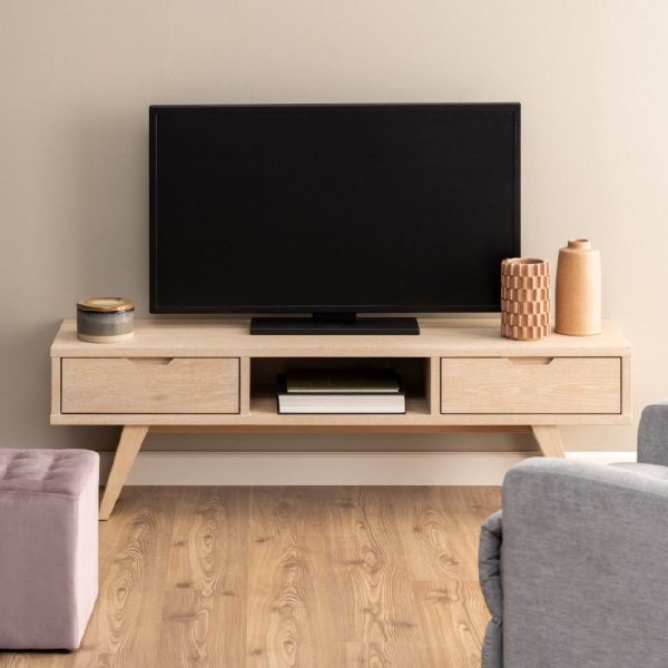 Agnano Wooden TV Stand With 2 Drawers In White Oak | Bed Sava