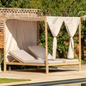 Agoura Outdoor Wooden Daybed With Cushion In Natural | Bed Sava