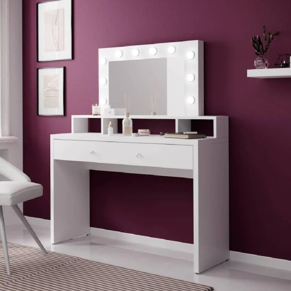 Aiken Wooden Dressing Table And Mirror In White Gloss With LED | Bed Sava