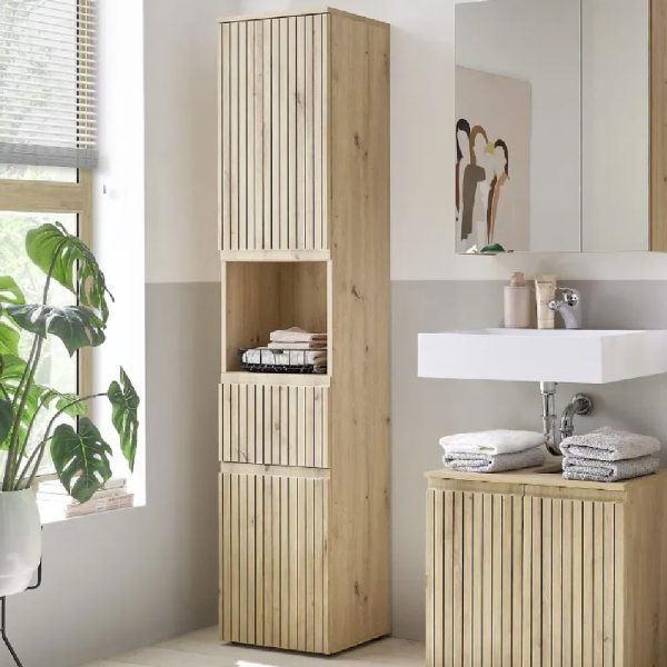 Airdrie Tall Wooden Storage Cabinet With 2 Doors 1 Drawer In Oak | Bed Sava