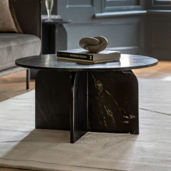 Akron Marble Round Coffee Table In Black | Bed Sava