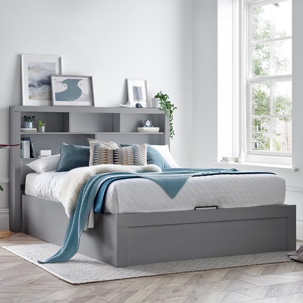Akron Wooden Ottoman Storage King Size Bed In Grey | Bed Sava