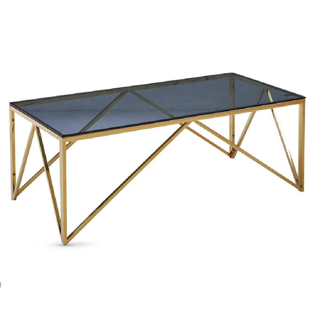 Alaro Blue Grey Smoked Glass Coffee Table With Gold Frame