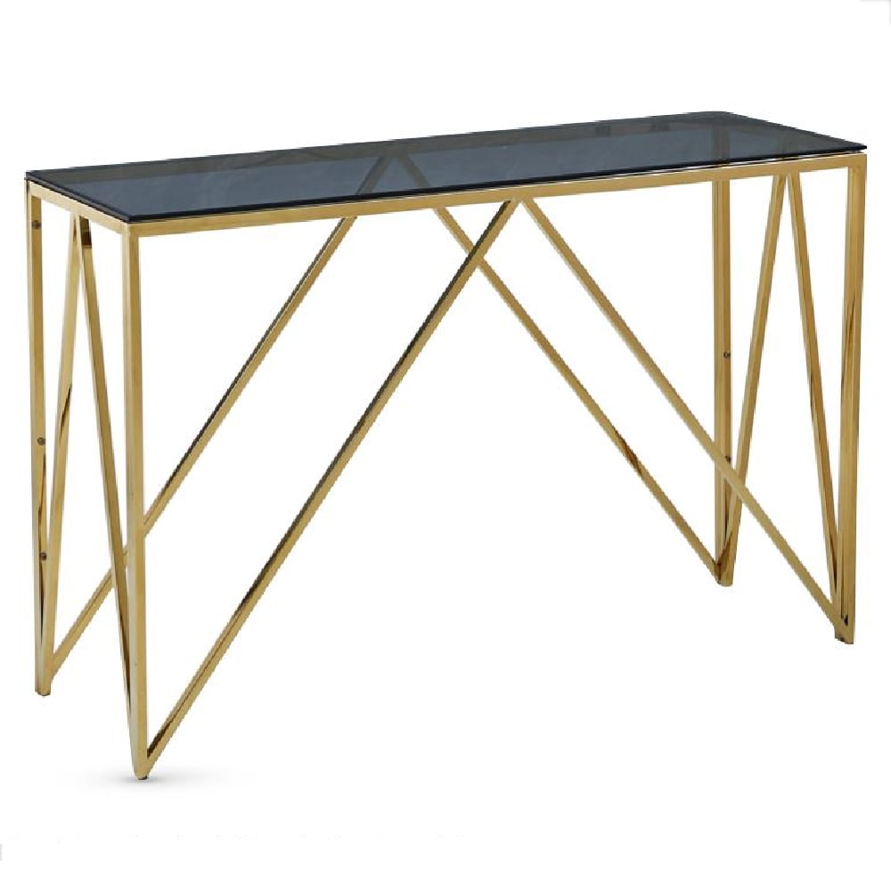 Alaro Blue Grey Smoked Glass Console Table With Gold Frame