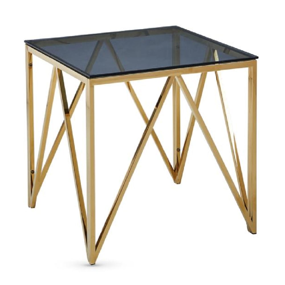 Alaro Blue Grey Smoked Glass End Table With Gold Frame