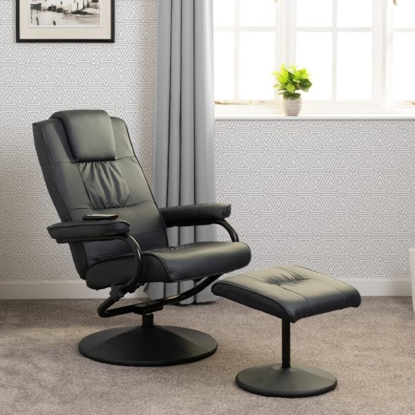 Albany Faux Leather Recliner Chair And Foot Stool In Black | Bed Sava