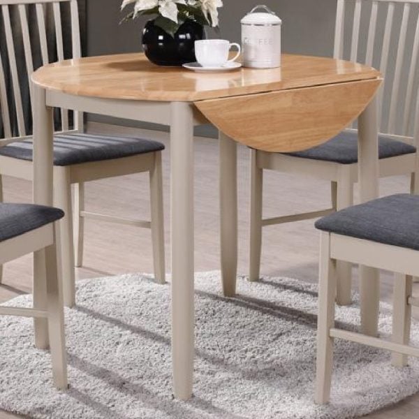 Alcor Wooden Round Drop Leaf Dining Table In Oak And Grey | Bed Sava