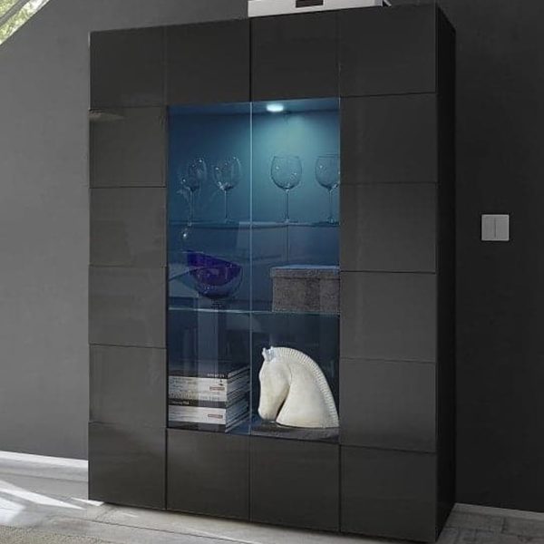 Aleta High Gloss Display Cabinet With 2 Doors In Grey And LED | Bed Sava