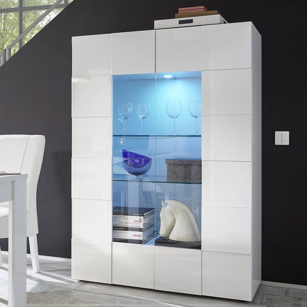 Aleta High Gloss Display Cabinet With 2 Doors In White And LED | Bed Sava
