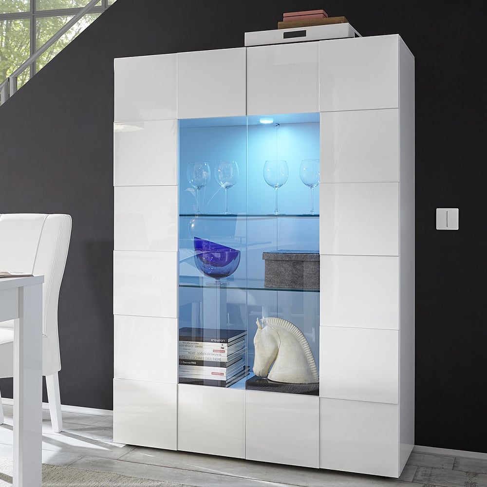 Aleta High Gloss Display Cabinet With 2 Doors In White And LED