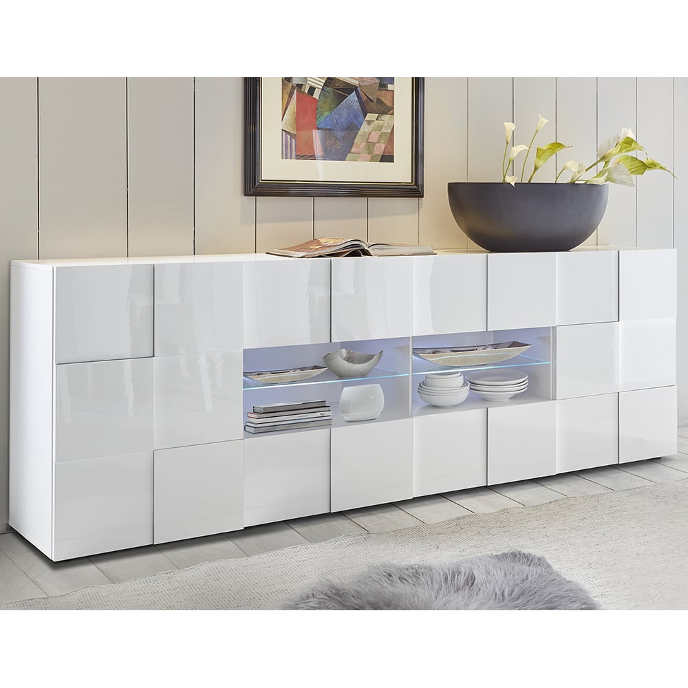 Aleta High Gloss Sideboard With 2 Doors 4 Drawers In White And LED