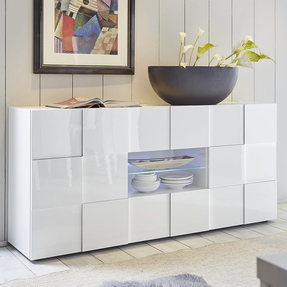 Aleta High Gloss Sideboard With 2 Doors 2 Drawers In White And LED