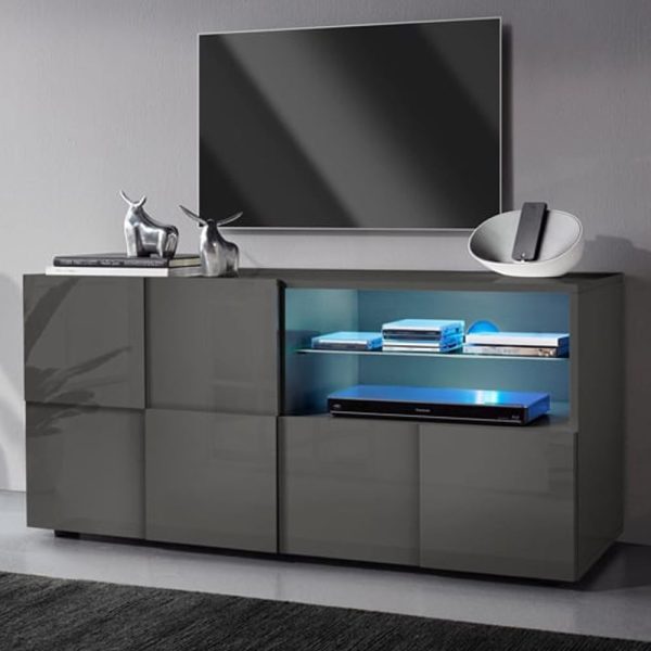 Aleta High Gloss TV Stand With 1 Door 1 Drawer In Grey And LED | Bed Sava