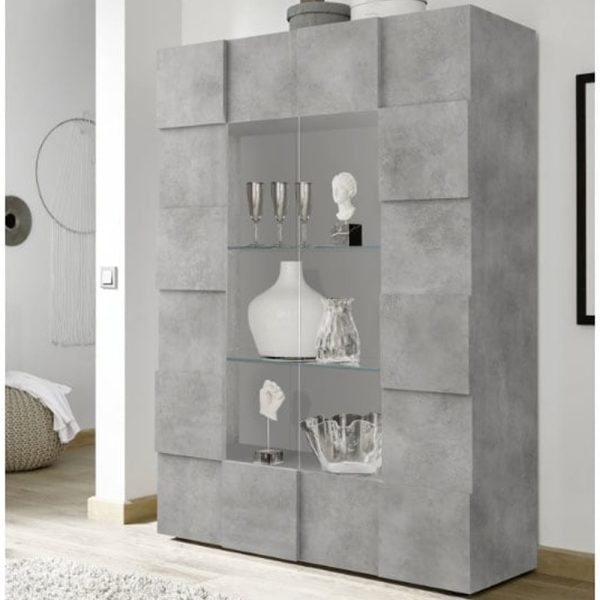 Aleta Wooden Display Cabinet With 2 Doors In Concrete | Bed Sava