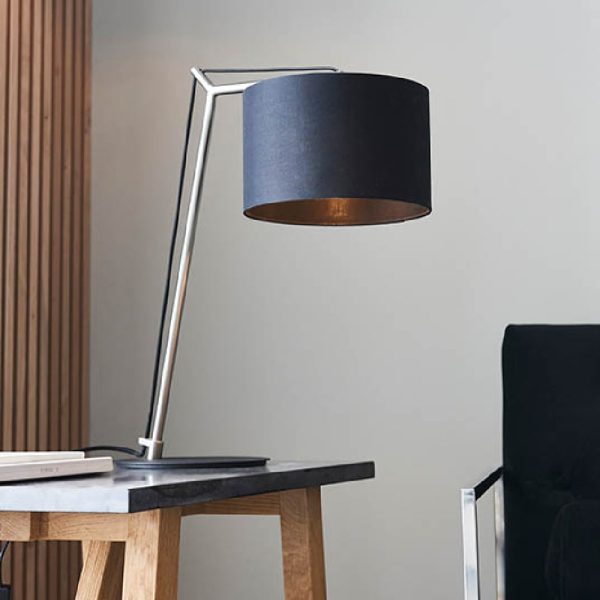 Alexandria Black Fabric Shade Table Lamp In Matt Nickel | Bed Sava