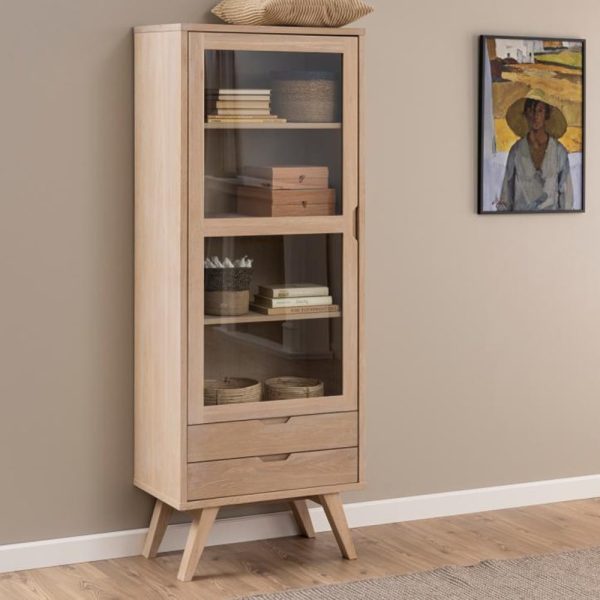 Alisto Tall Wooden Display Cabinet In Oak White | Bed Sava