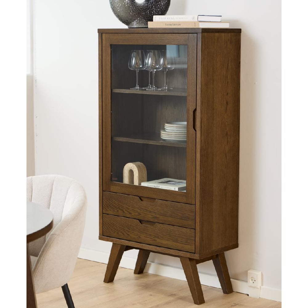 Alisto Wooden Display Cabinet With 1 Door 2 Drawers In Smoked Oak