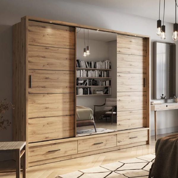 Allen Wooden Wardrobe 3 Sliding Doors In Artisan Oak With LED | Bed Sava