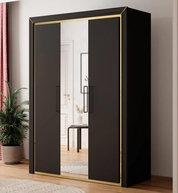 Allen Mirrored Wardrobe With 3 Hinged Doors In Black | Bed Sava