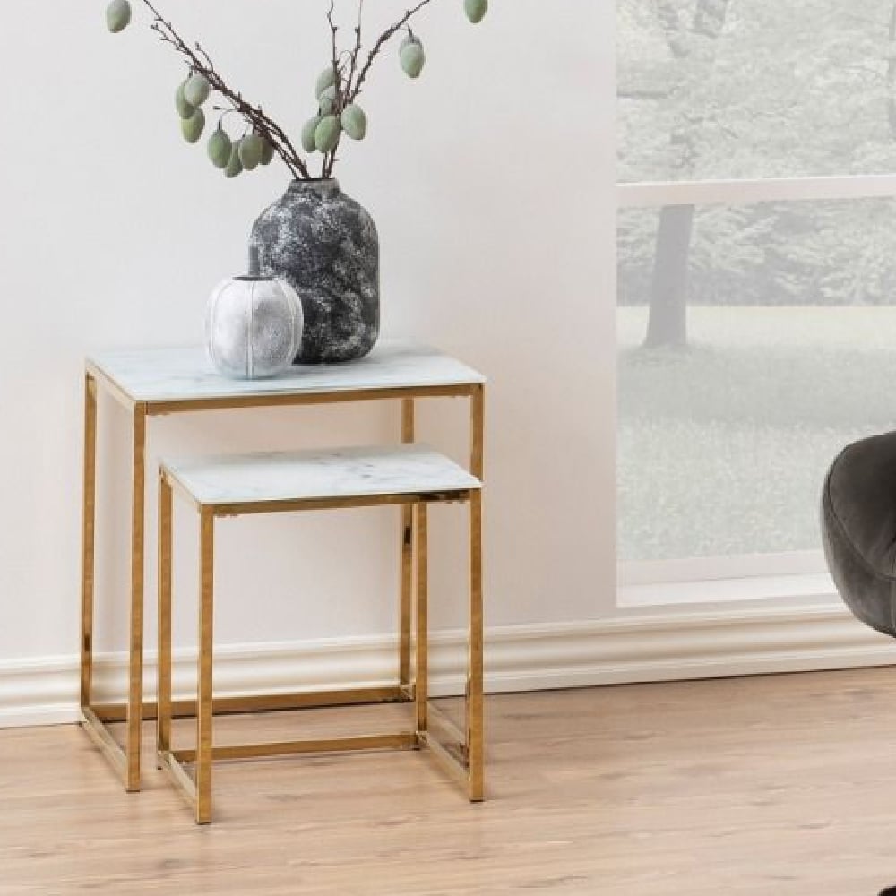 Allen White Marble Nesting Table With Glass Top In Gold