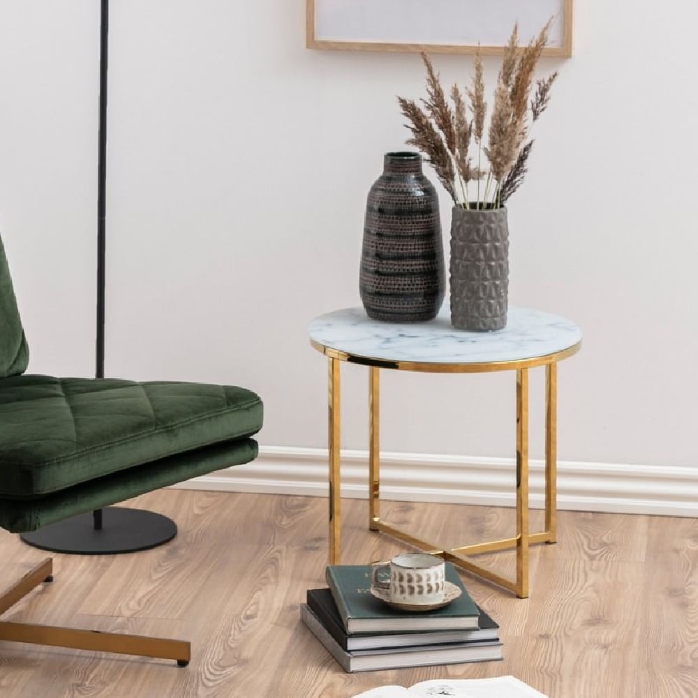 Allen White Marble Side Table With Glass Top In Gold
