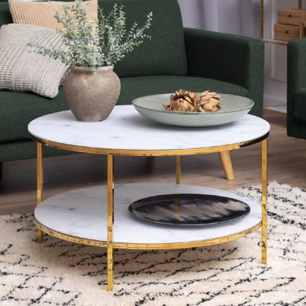 Allen White Marble Coffee Table Underself And Glass Top In Gold | Bed Sava