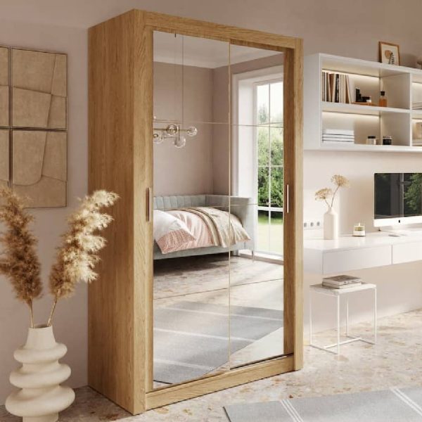 Allen Wooden Mirrored 120cm Wardrobe In Artisan Oak | Bed Sava