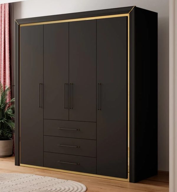 Allen Wooden Wardrobe With 4 Hinged Doors In Black | Bed Sava