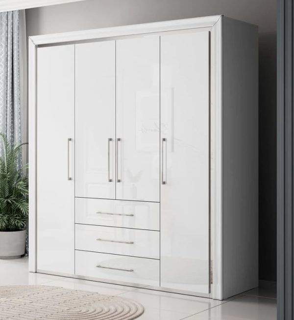 Allen Wooden Wardrobe With 4 Hinged Doors In White | Bed Sava