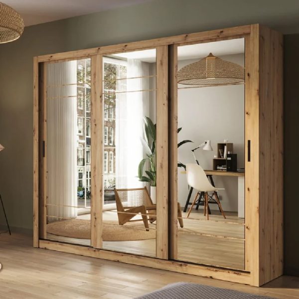Allen Wooden Wardrobe 3 Mirrored Sliding Doors In Artisan Oak | Bed Sava