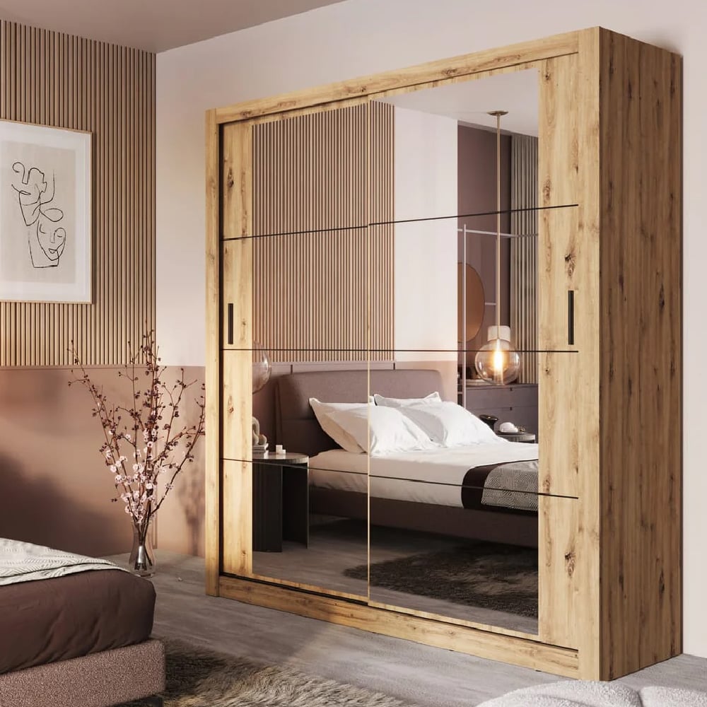 Allen Wooden Wardrobe 2 Mirrored Sliding Doors In Artisan Oak