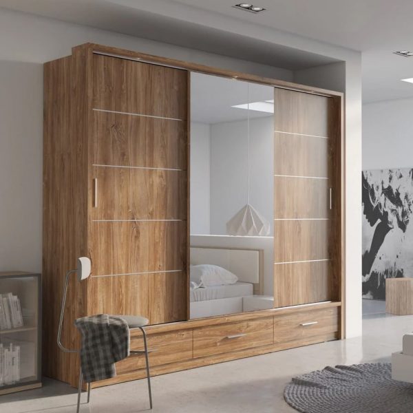 Allen Wooden Wardrobe With 3 Sliding Doors In Sterling Oak | Bed Sava
