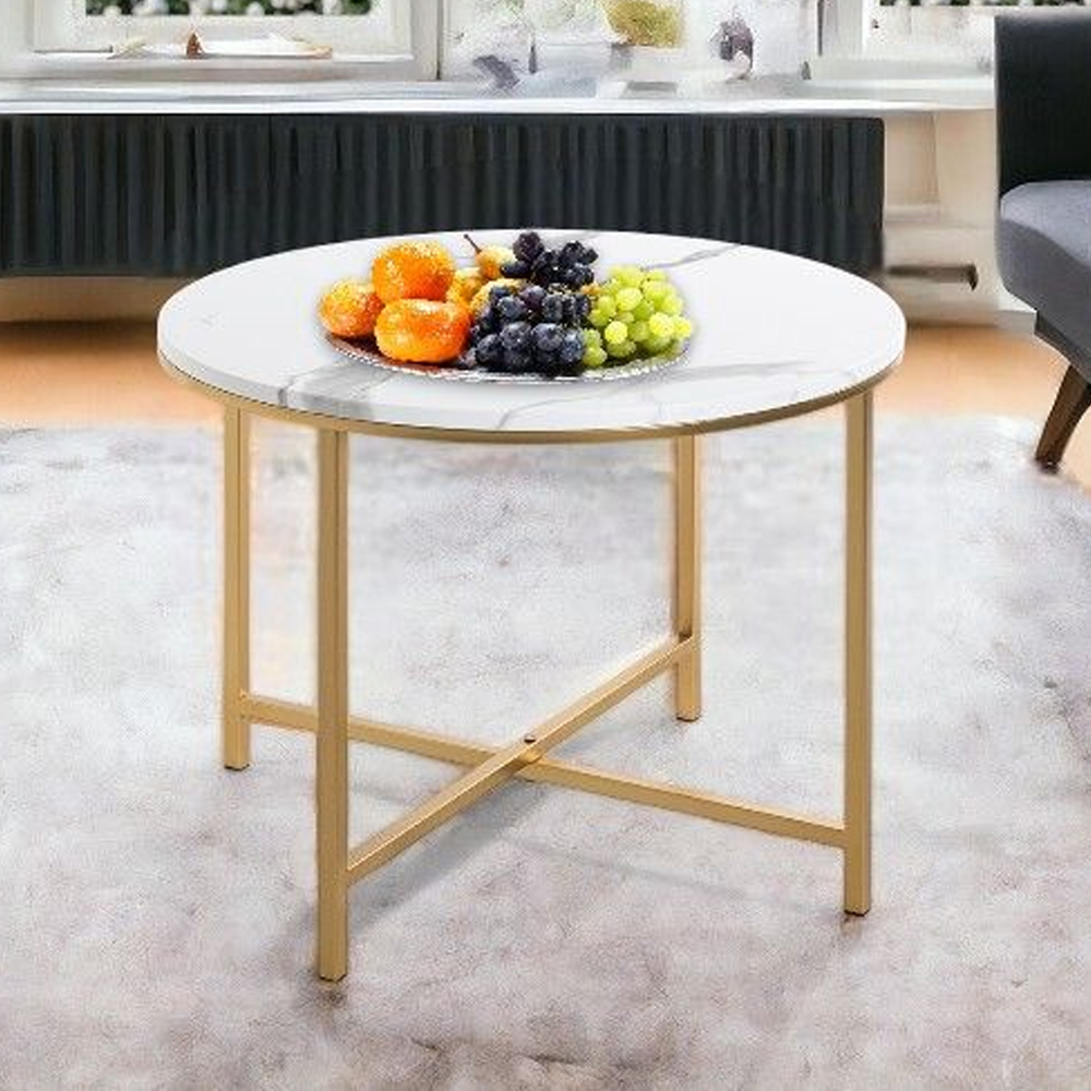 Allerton Large Wooden Round End Table In White Marble Effect