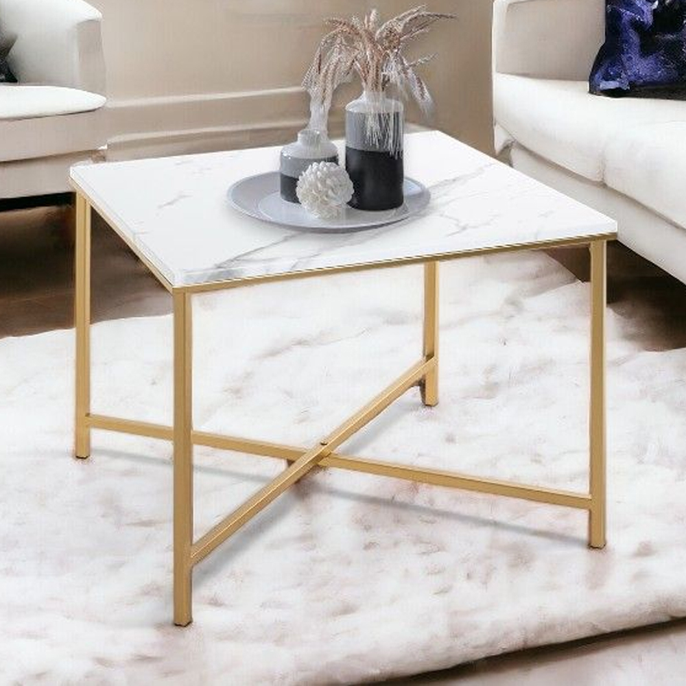 Allerton Large Wooden Square End Table In White Marble Effect