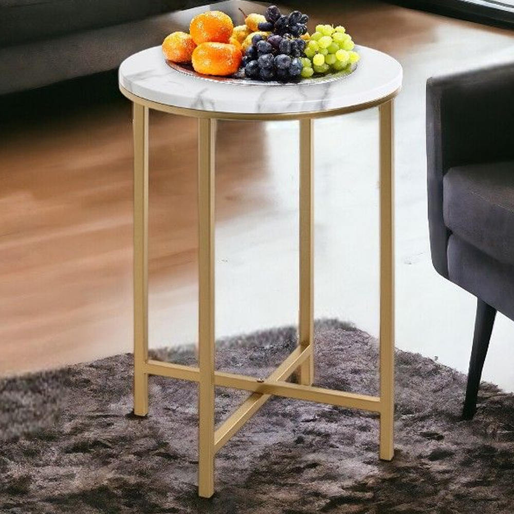 Allerton Small Wooden Round End Table In White Marble Effect