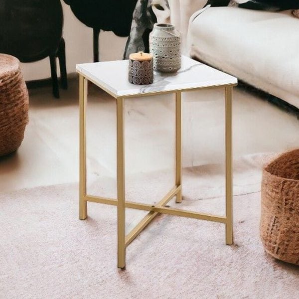 Allerton Small Wooden Square End Table In White Marble Effect | Bed Sava