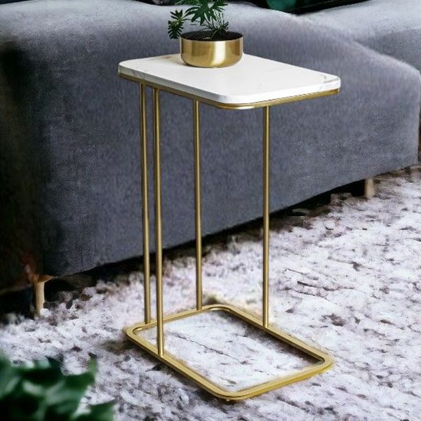 Allerton Wooden Rectangular End Table In White Marble Effect | Bed Sava