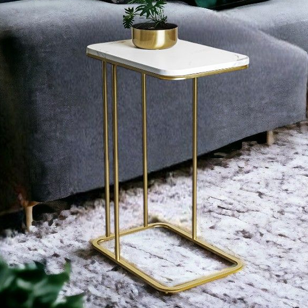 Allerton Wooden Rectangular End Table In White Marble Effect